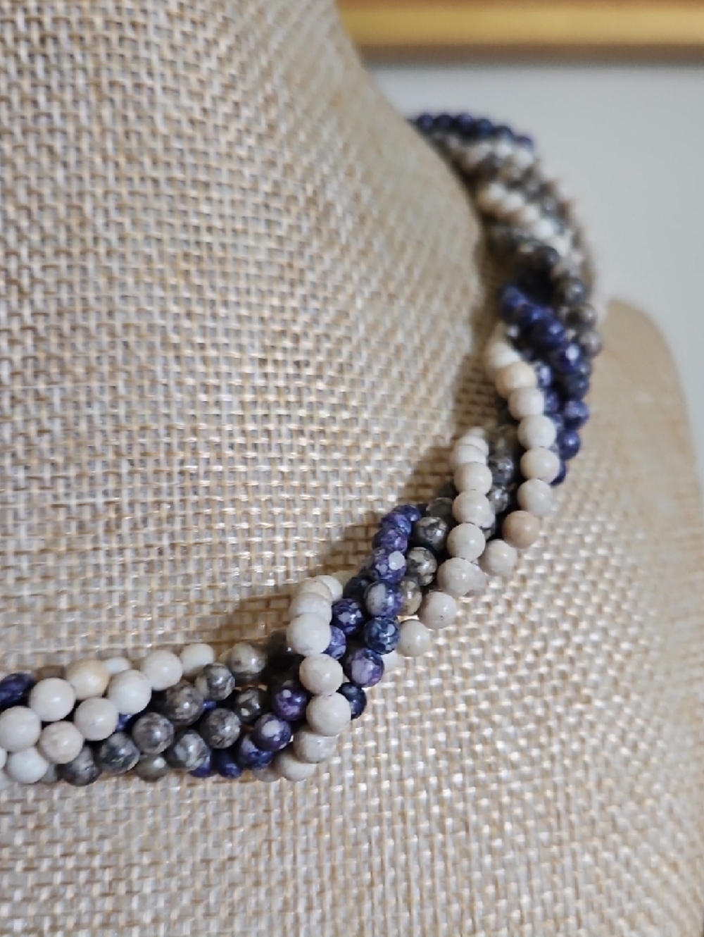 Multistrand Twisted Stone Bead Necklace in Ivory, Gray and Navy - Picture 4 of 5